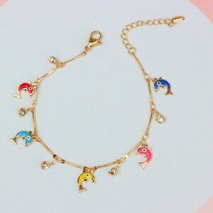 "Multicolor Dolphin Charm Rose Gold Anklet for Trendy Beach Vibes, XPAL1056